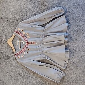 Gamiss Steel Gray Long Sleeve V-neck Embroidered Blouse NEW Sz M